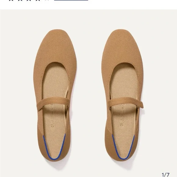 Rothy's Tan Knit Mary Jane Flats with Blue Heel Trim - Picture 1 of 2